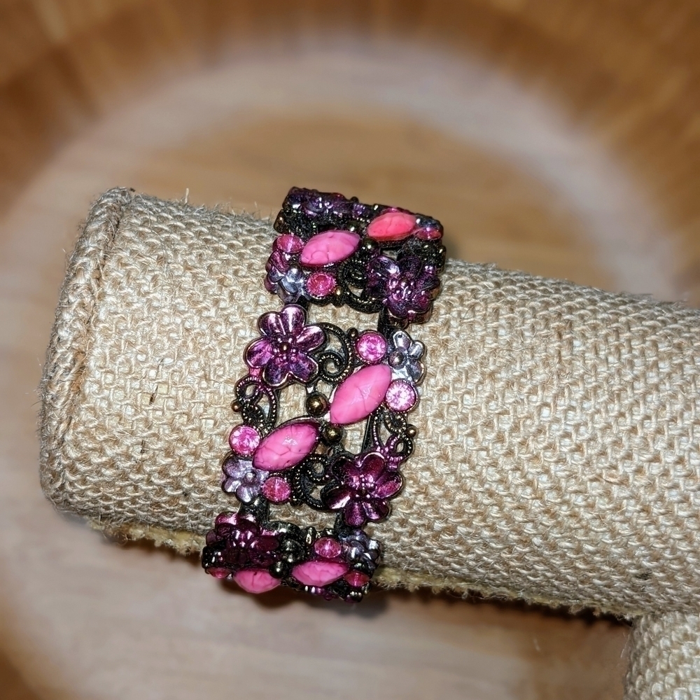 Vintage Pink Metal Floral Hinged Bracelet